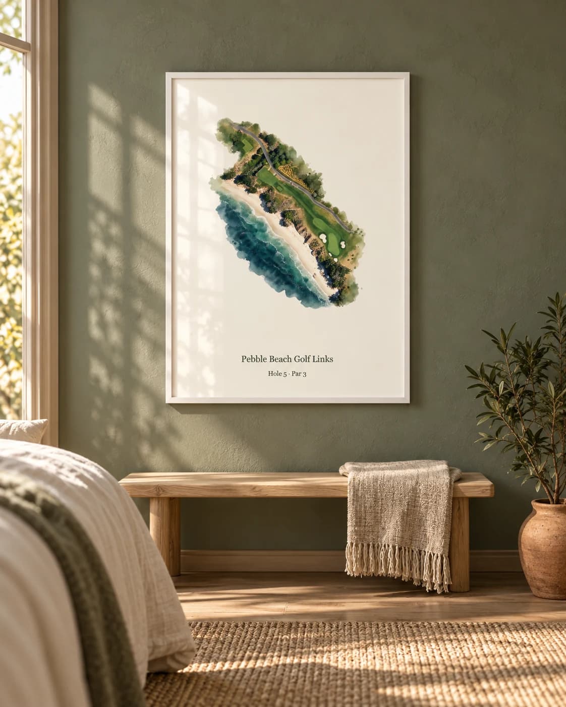 Pebble Beach hole 5 in a white frame on a sage bedroom wall, above a pale wooden bench with linen and a small potted plant